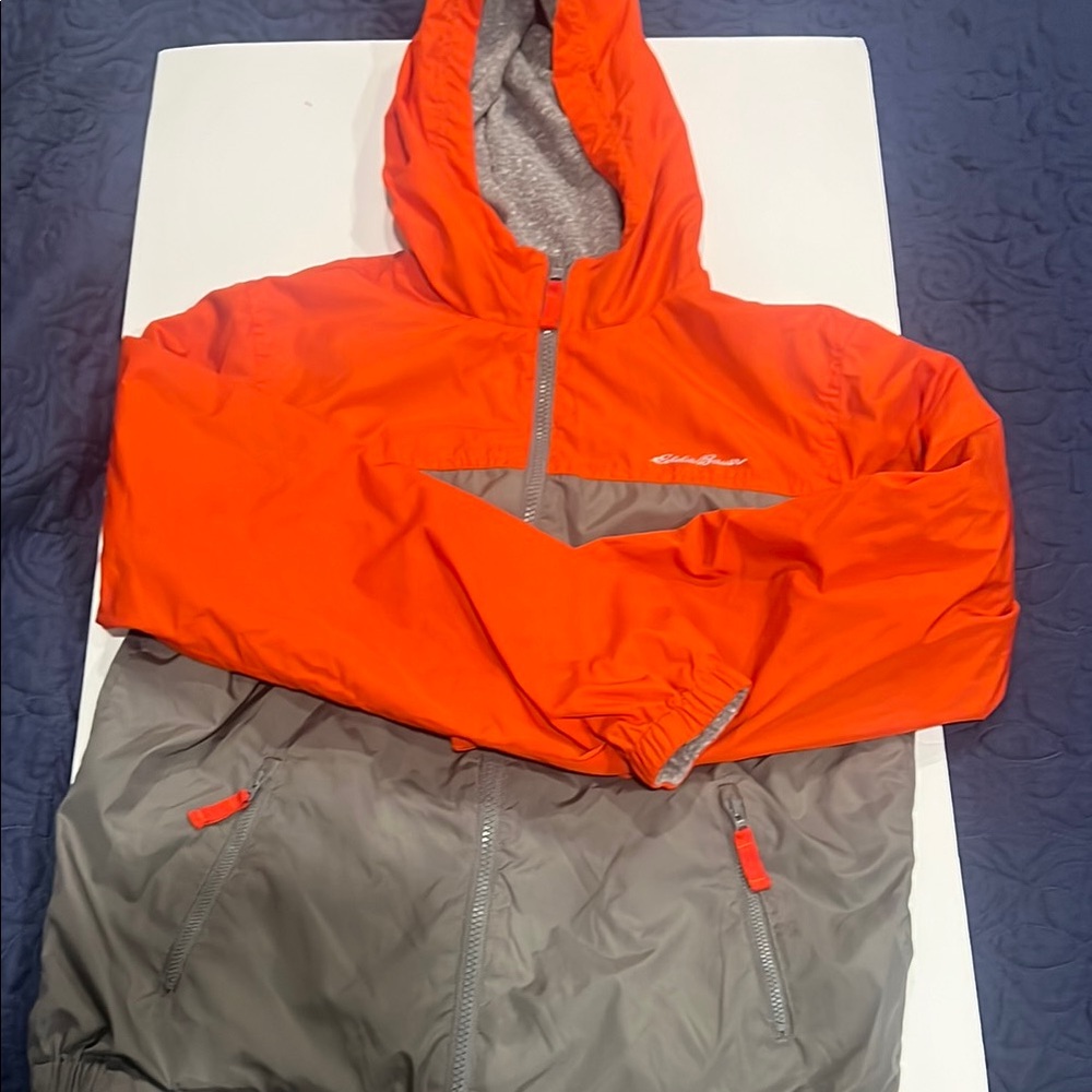 Eddie Bauer Youth L Red and Gray Reversible Full Zip Raincoat with Hood